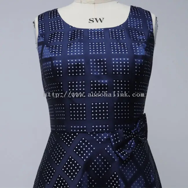 Navy Polka Dot Check Print Elegant Bow Dress (4)