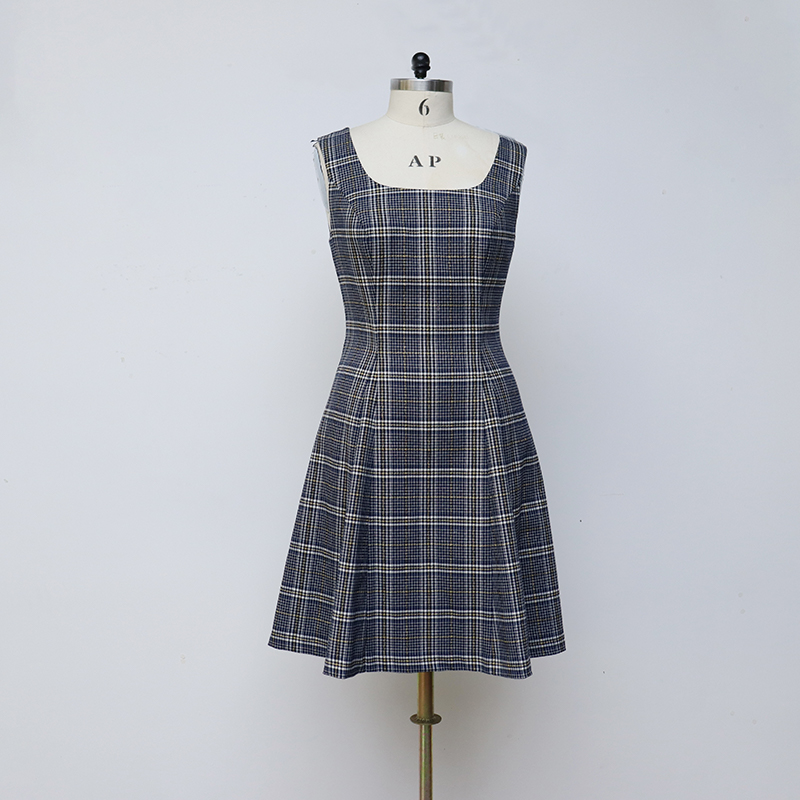 Tshiab AutumnWinter Style Slim Mid-Length Plaid Vintage Sundress