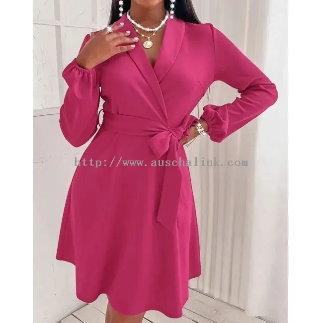 လိမ္မော်ရောင် Chiffon Belted Pleated Long Sleeve Dress (၃)