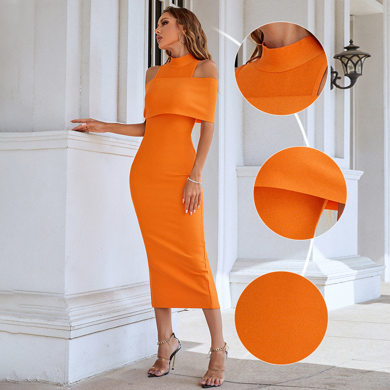 슬릿이 있는 오렌지 원 숄더 스트랩리스 롱 이브닝 드레스 (8)