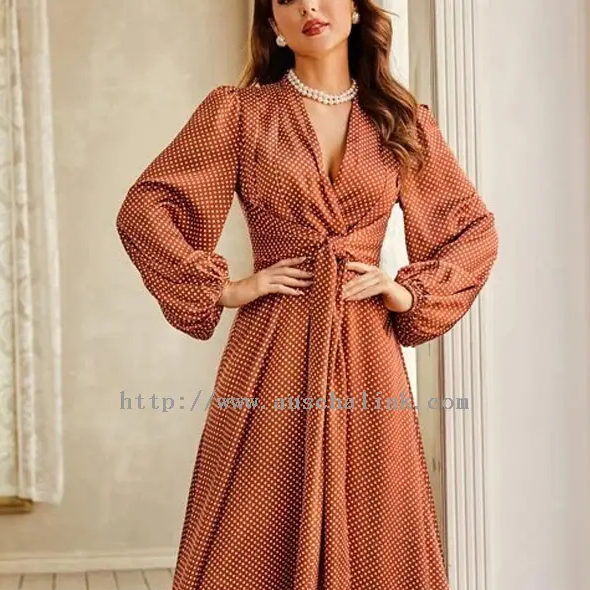 Oranje vintage elegante maxi-jurken met stippen en lange mouwen (3)