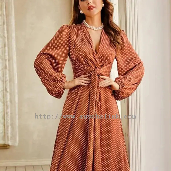 Dhibicda Polka Orange-ga ee Gacan-dheer ee Gacan-dheer oo qurux badan Maxi Dres (3)