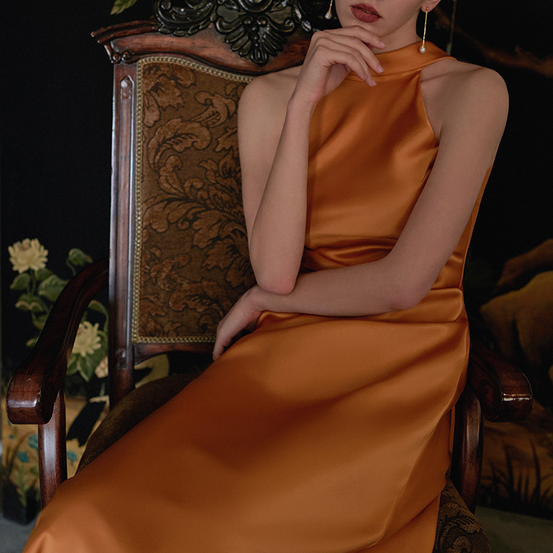 Oranžové saténové elegantné párty sexy večerné šaty ženy (5)