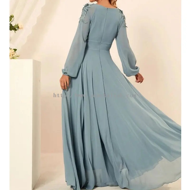 שמלת מקסי אלגנטית עם שרוולים ארוכים רקום שיפון ורוד (1)