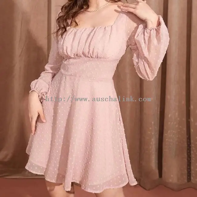 Pink Chiffon Polka Dot Square Neck Casual Dress (2)