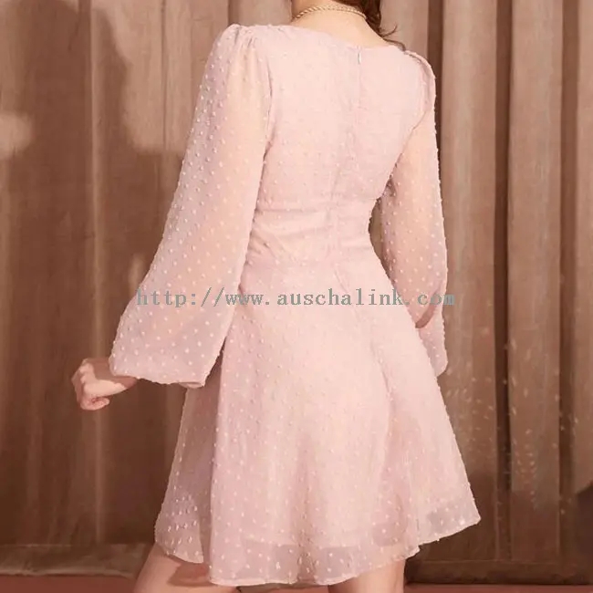 Pink Chiffon Polka Dot Square Neck Casual Dress (3)