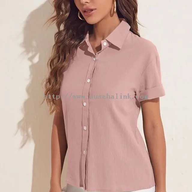 Top tal-blouse tal-kmiem qosra taċ-Chiffon roża (2)