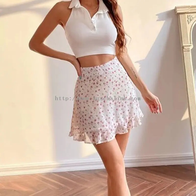 Pink Floral Ruffle Mini Sexy Short Skirt (2)