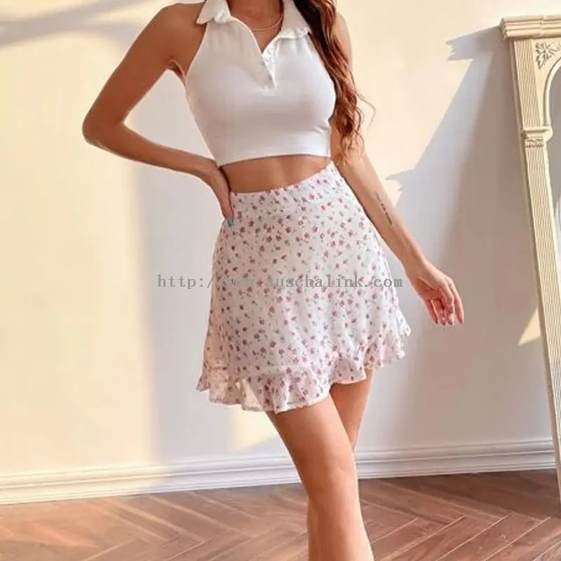 Pink Floral Ruffle Mini Sexy na Maikling Skirt (2)