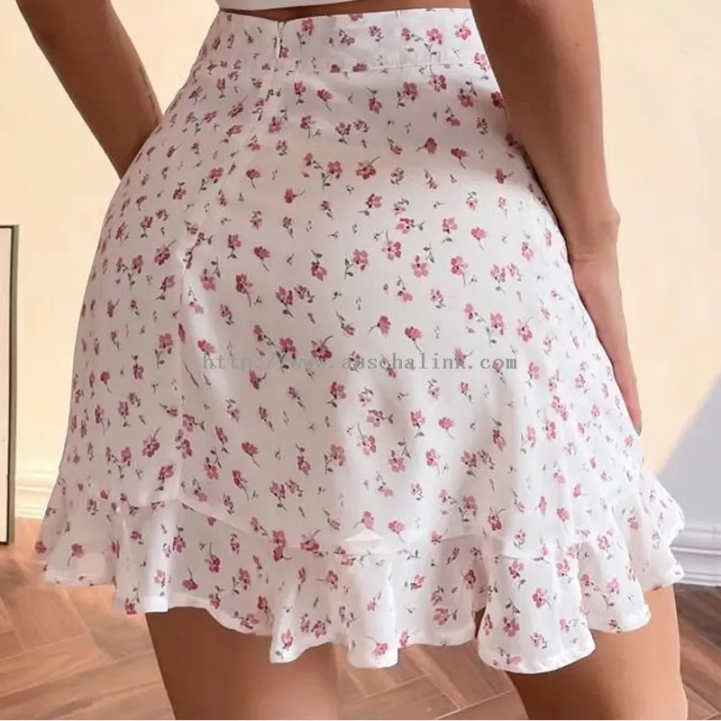 Růžová květinová volánková mini sexy krátká sukně (4)