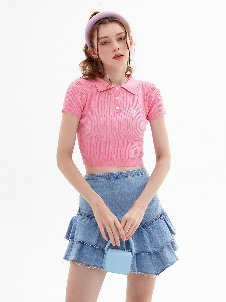 Розова плетена врвна везена поло маичка (4)