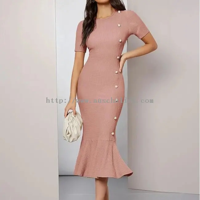 Pink Knitted Tight Fitting Short Sleeve Fishtail Midi Dress (1)