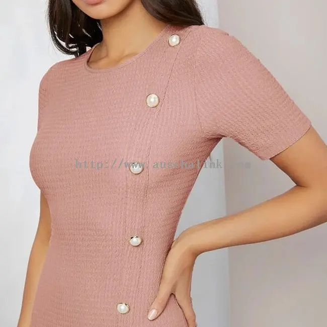 Pink Knitted Tight Fitting Short Sleeve Fishtail Midi Dress (2)