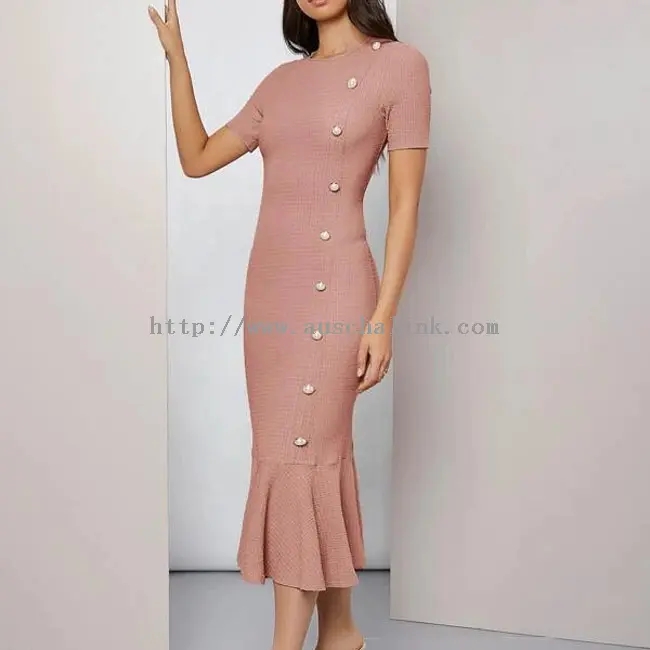गुलाबी बुना हुआ तंग फिटिंग लघु आस्तीन फिशटेल मिडी ड्रेस (3)