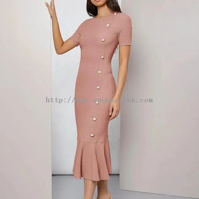 Pink Yakarukwa Yakasimba Yakakodzera Sleeve Kapfupi Fishtail Midi Dress (3)