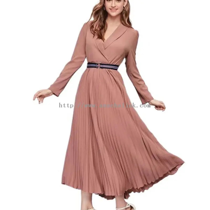 Vestido Casual Plus Size Elegante Manga Longa Rosa (1)