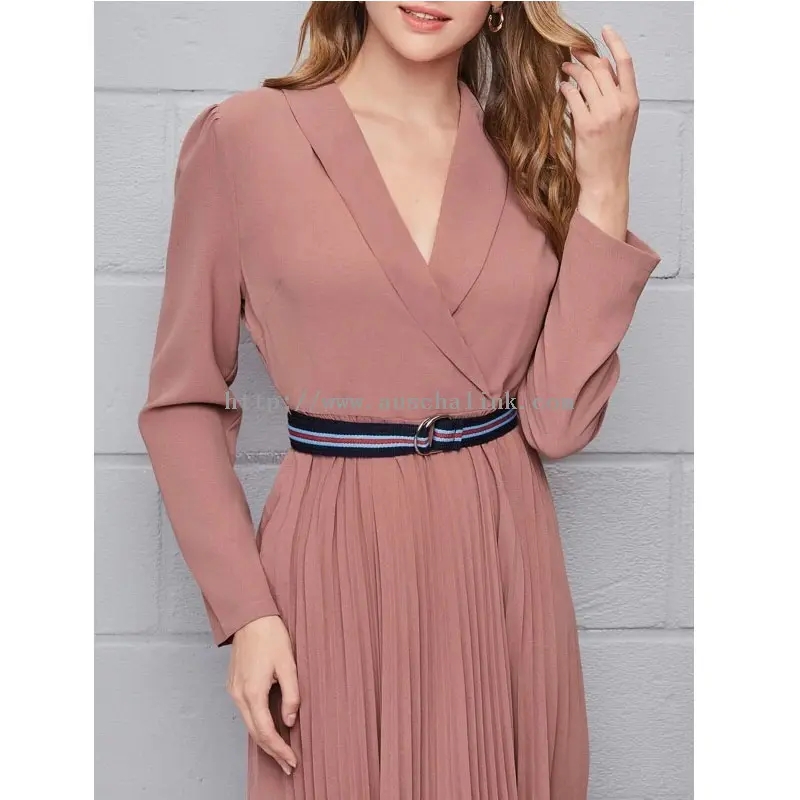 Vestido casual de talla grande elegante rosa de manga longa (4)