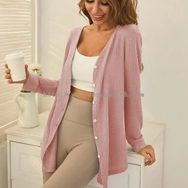 Pink Long Sleeve V-Neck Knitted Cardigan Pajamas (1)