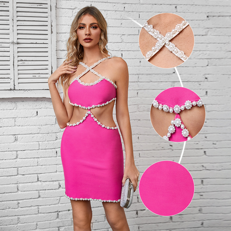 Pink Luxury Pearl Sexy Crossover Neckline Halter Dress (3)