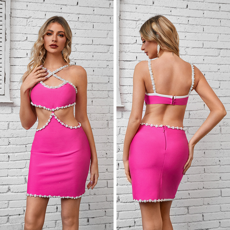 Vestido halter sexy con escote cruzado de perlas de luxo rosa (4)