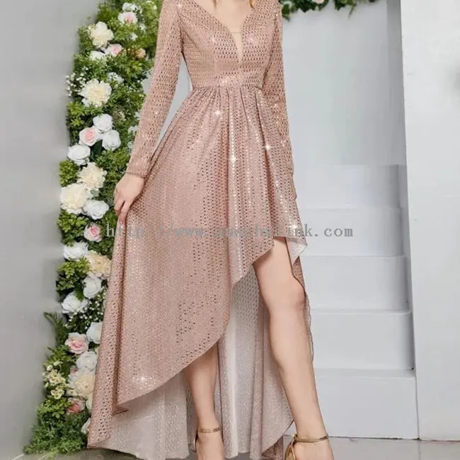 Roze pailletten Elegante lange mouwen ûnregelmjittige jurk mei V-hals (1)