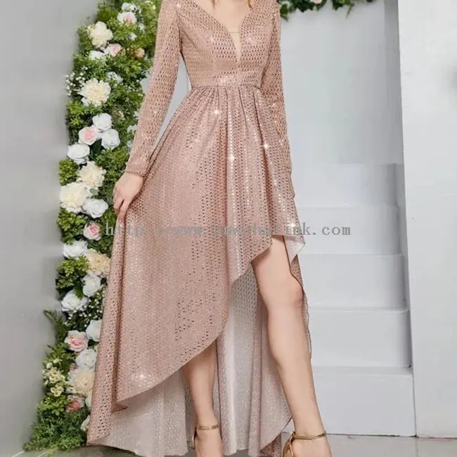 Pink Sequin Elegan Lengan Panjang V-beuheung Baju Teu Teratur (1)