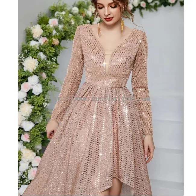 Pienk sequin Elegante langmou V-nek onreëlmatige rok (2)