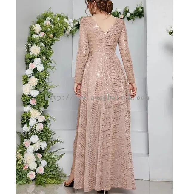 Rozā flitera eleganta kleita ar garām piedurknēm V veida kakla izgriezumā (3)