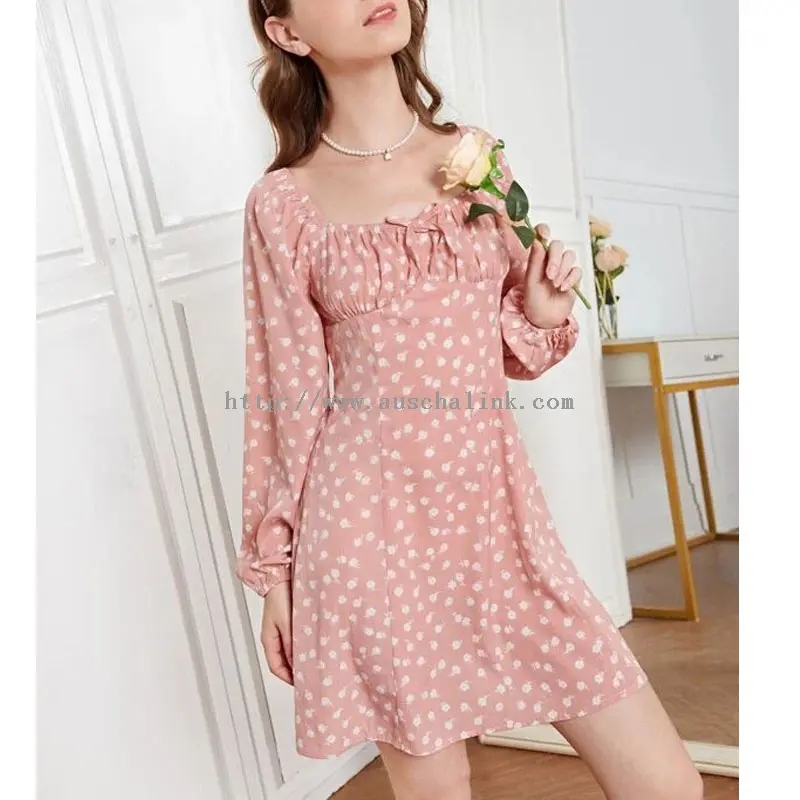 Pink Square Neck Polka Dot Print Mini Casual Dress (1)