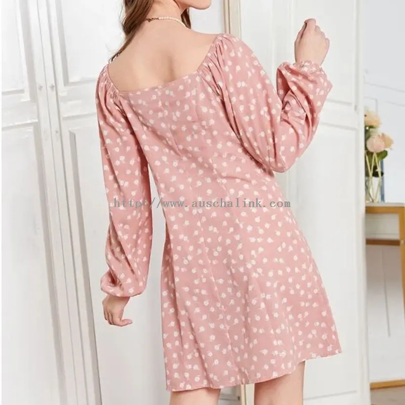 Pink Square Neck Polka Dot Print Mini Casual Dress (3)