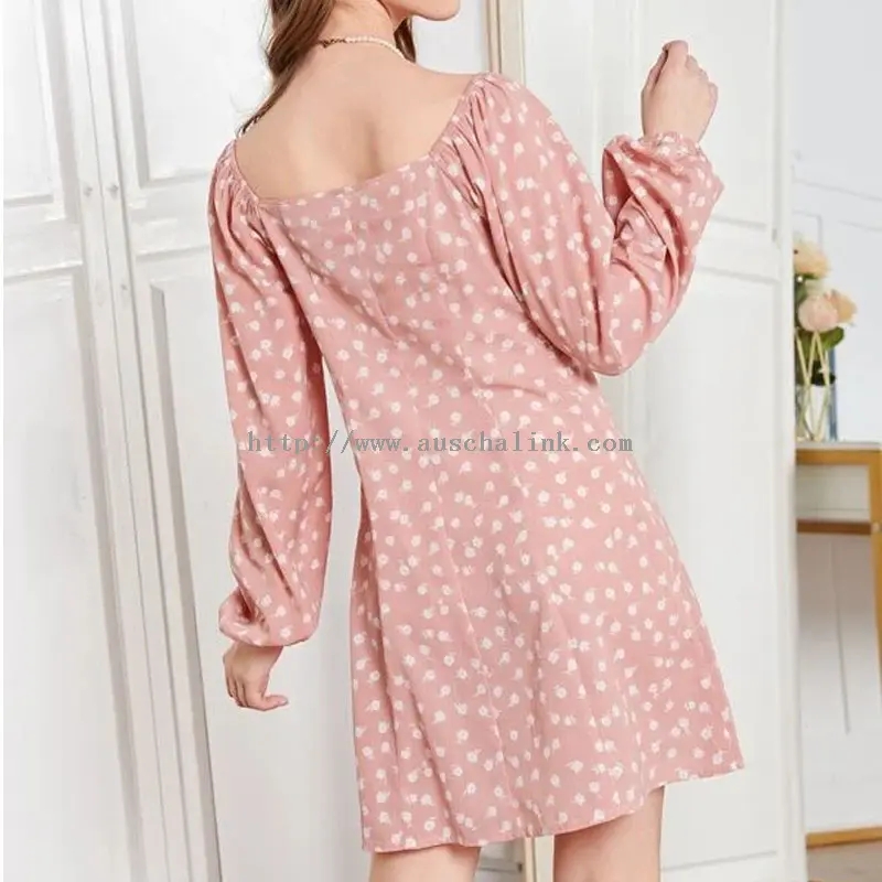 Pink Square Neck Polka Dot Print Mini Casual Kleed (3)