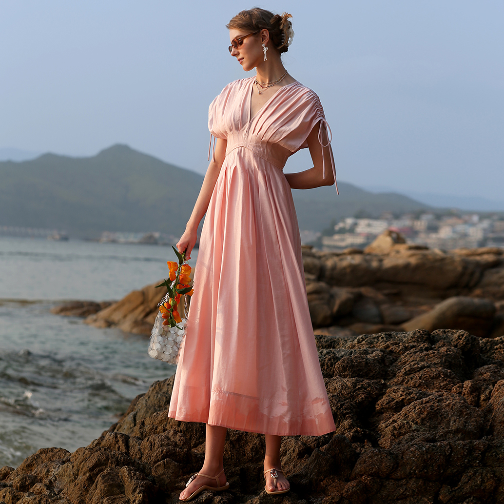 Pink V-Neck Tencel Linen Loose Maxi Dress (5)