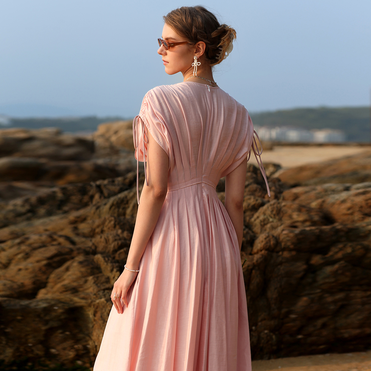 Pink V-Neck Tencel Linen Loose Maxi Dress (7)
