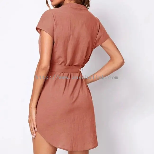 Pink Waistband Casual Cotton Linen Mini Dress (1)