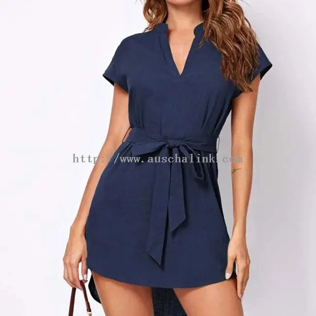 Pink Waistband Casual Cotton Linen Mini Dress (2)