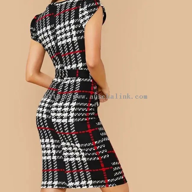 Plaid Print Elegan Pakéan Pinggang Midi Ketat (2)