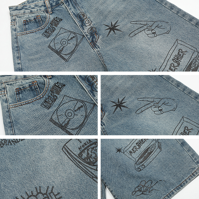 Çaplı Denim Küçə Graffiti Vintage Yuyulmuş Geniş Ayaqlı Jeans (3)