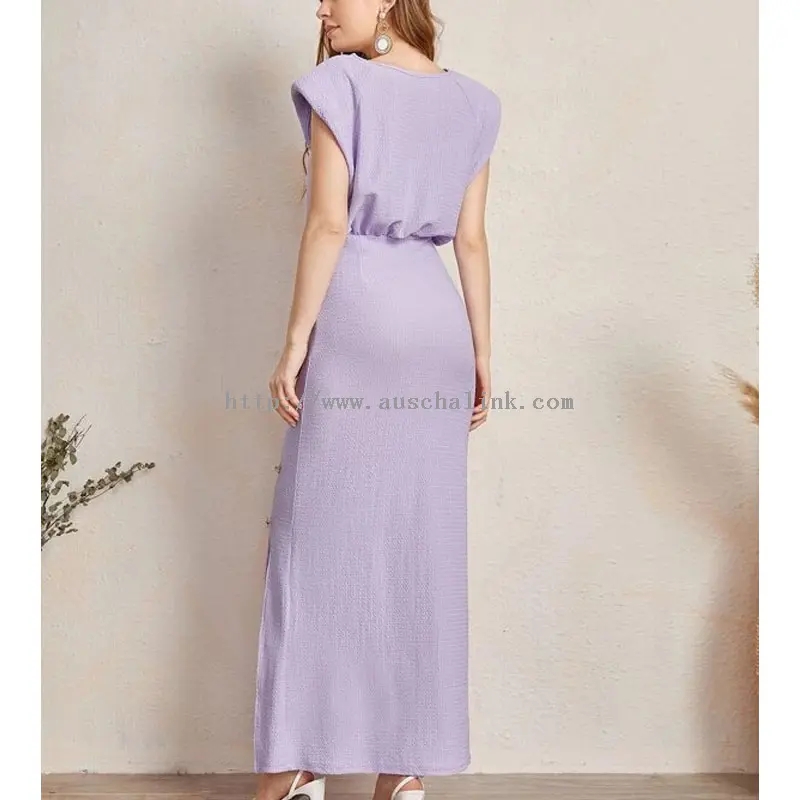 Purple Buttoned Slit Pleated Bodycon Maxi Dress (1)