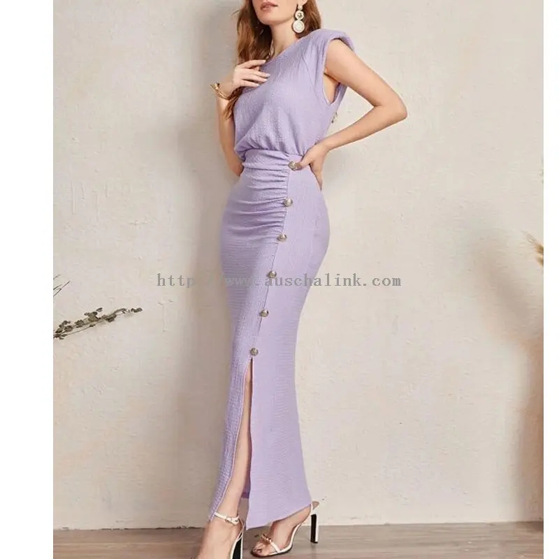 Purple Buttoned Slit Pleated Bodycon Maxi Dress (2)