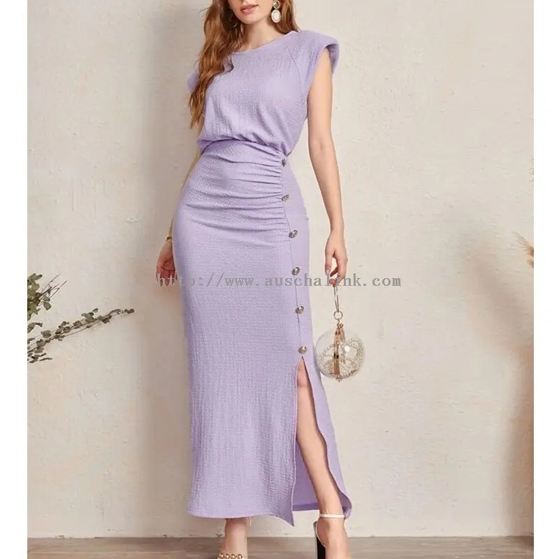 Purple Buttoned Slit Pleated Bodycon Maxi Dress (3)
