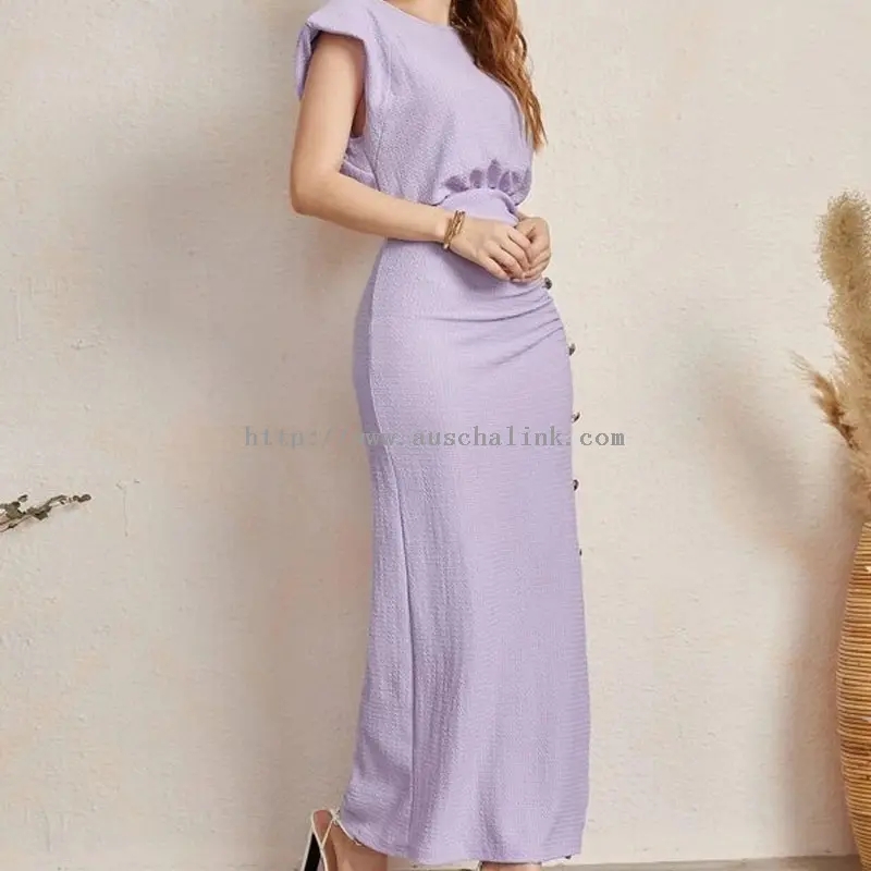Purple Buttoned Slit Pleated Bodycon Maxi Dress (4)