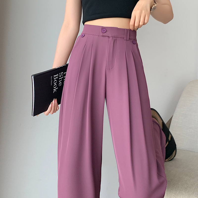 Pantalon de costume taille haute décontracté à jambes larges en soie glacée violet (1)