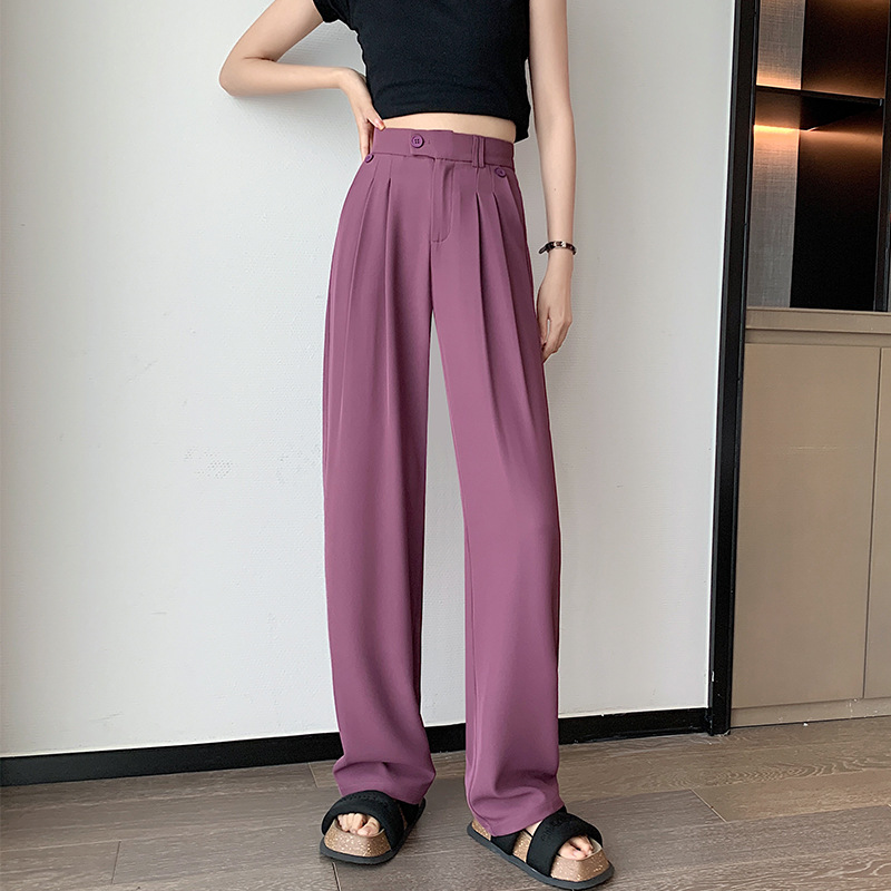 Purple Ice Silk High Waist Casual Wide Leg Suit Trousers (3)