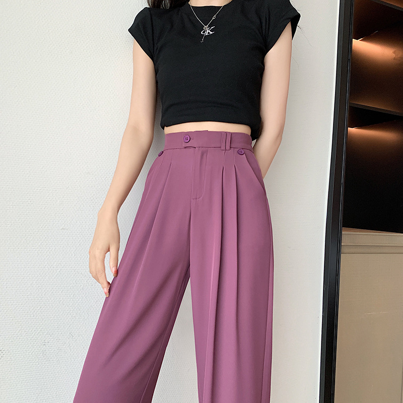 Pantalon de costume taille haute décontracté à jambes larges en soie glacée violet (4)