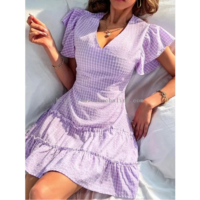 Purple Plaid Cotton Fly Sleeve V-Neck Pleated Mini Dress (4)