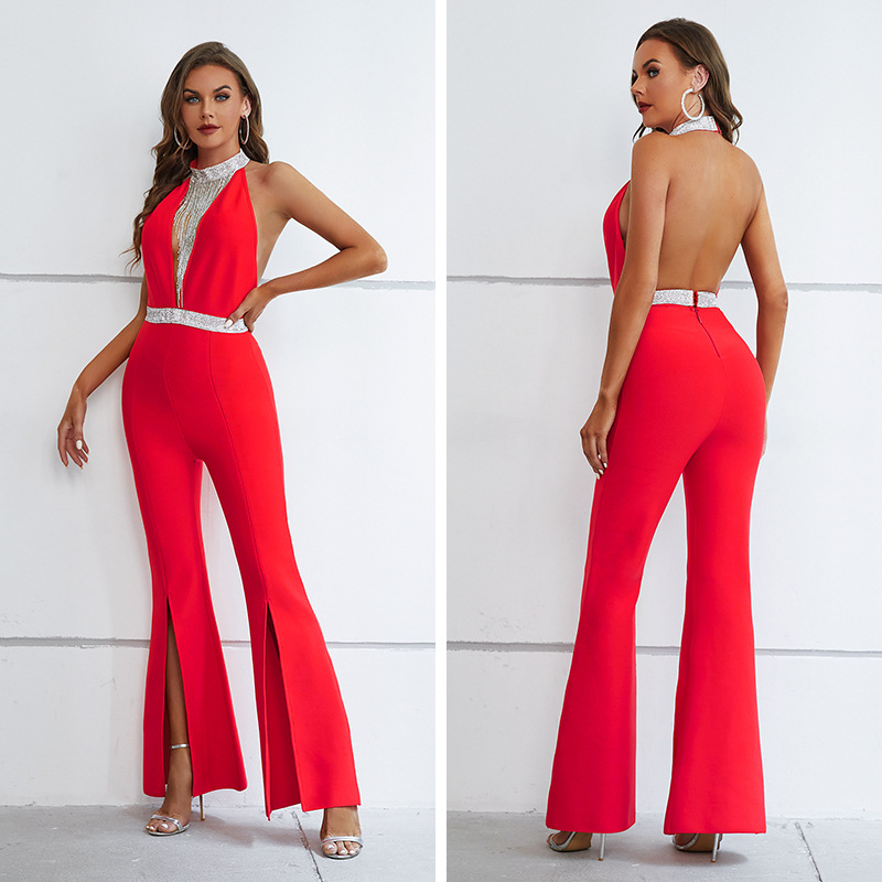 Red Backless Bodysuit Party Diamond Tassel Split Wide Leg Jumpsuit (1)