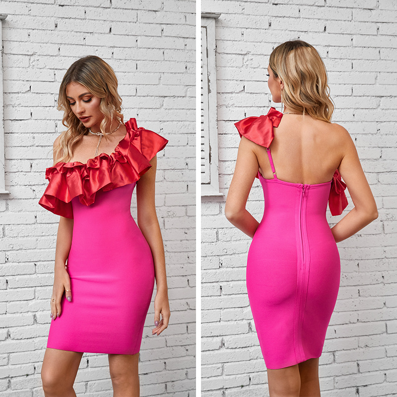 Rose Celebrity Ruffle Sexy Slanted Shoulder Dress (9)