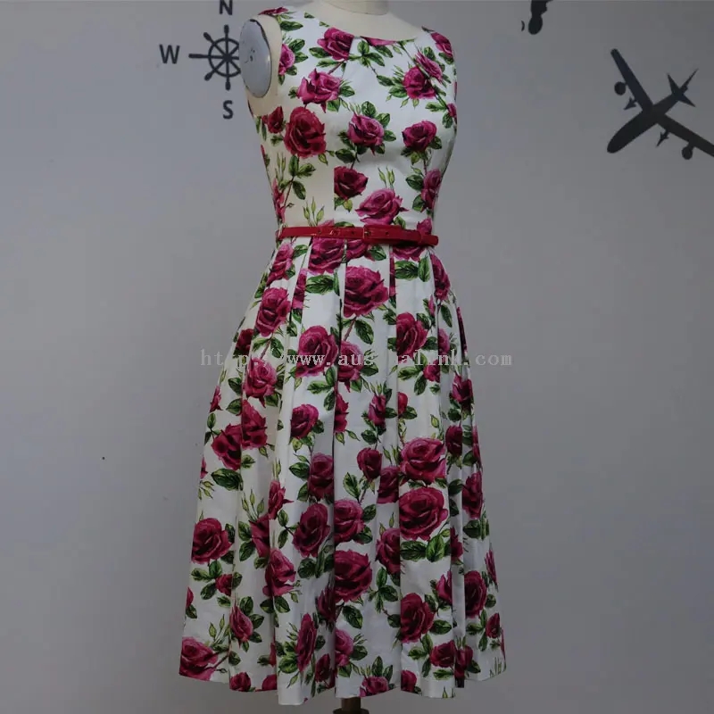 Rose Print Elegant Sleeveless Belted Dress (2)