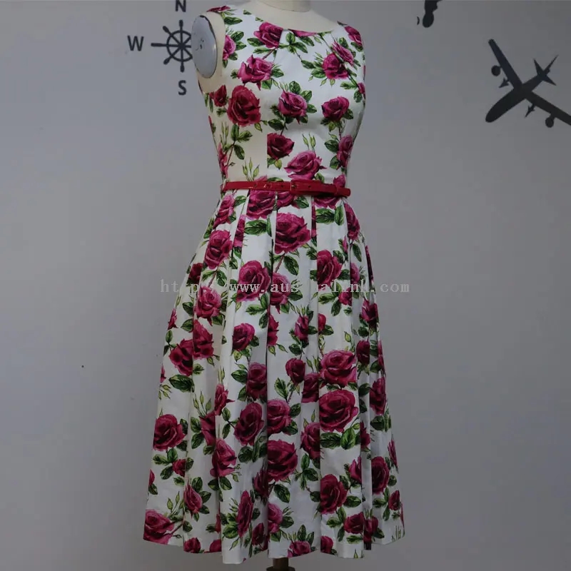 Rose Print Elegant nga Wala'y bukton nga Belted Dress (2)