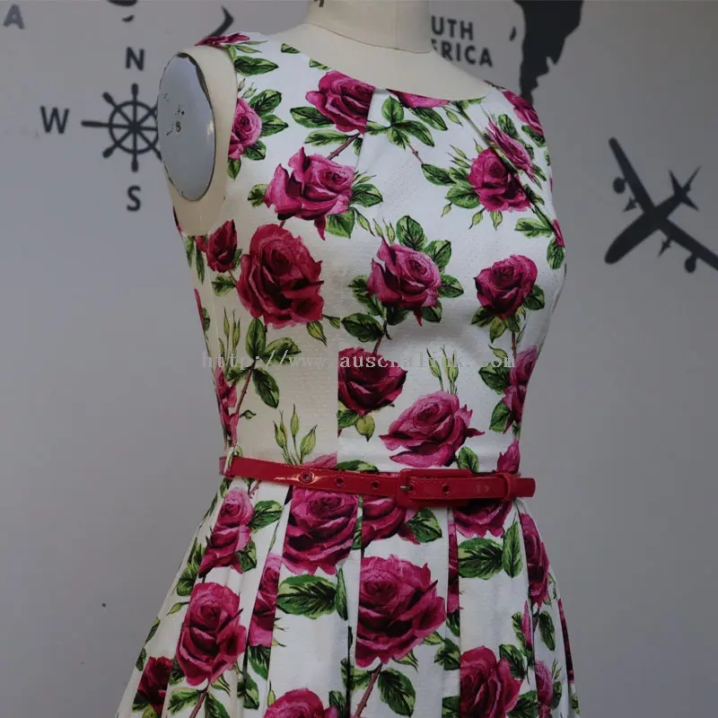 Rose Print Elegans Sleeveless Belted Dress (4)